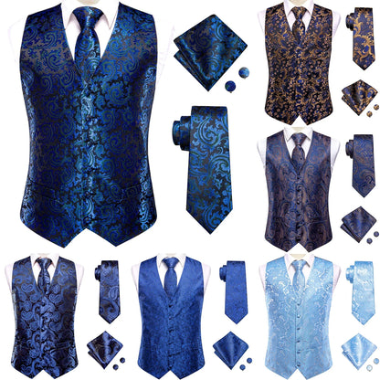 Sky Navy Royal Blue Mens Waistcoat Tie Set Sleeveless Jacket Vest Necktie Hanky Cufflinks Wedding Business Oversized Gift