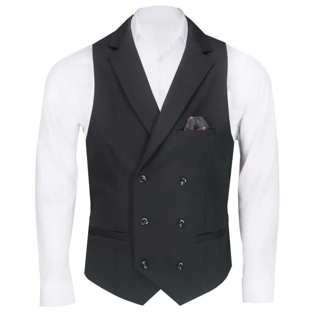 Men Vest Black Solid Double Button With Lapel Waistcoat For Business Wedding Party Banquet Prom Daily Casual Men Suit Vest