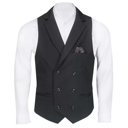 Men Vest Black Solid Double Button With Lapel Waistcoat For Business Wedding Party Banquet Prom Daily Casual Men Suit Vest