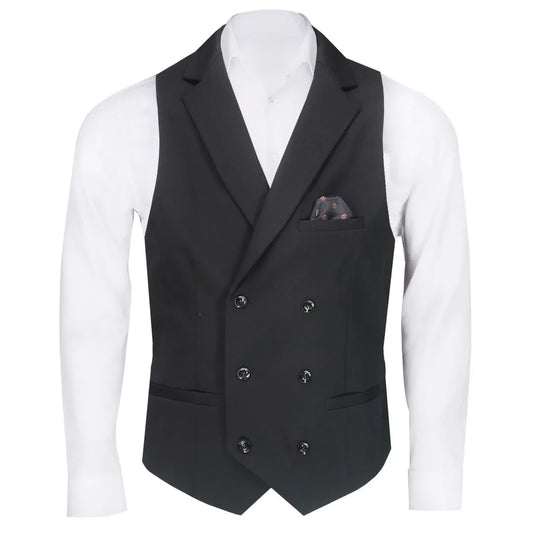Men Vest Black Solid Double Button With Lapel Waistcoat For Business Wedding Party Banquet Prom Daily Casual Men Suit Vest