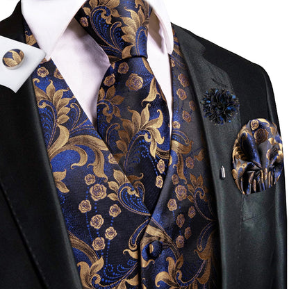 High Quality Silk Mens Vests Champagne Paisley Waistcoat Neck Tie Hanky Cufflinks Brooch Set for Men Suit Wedding Office