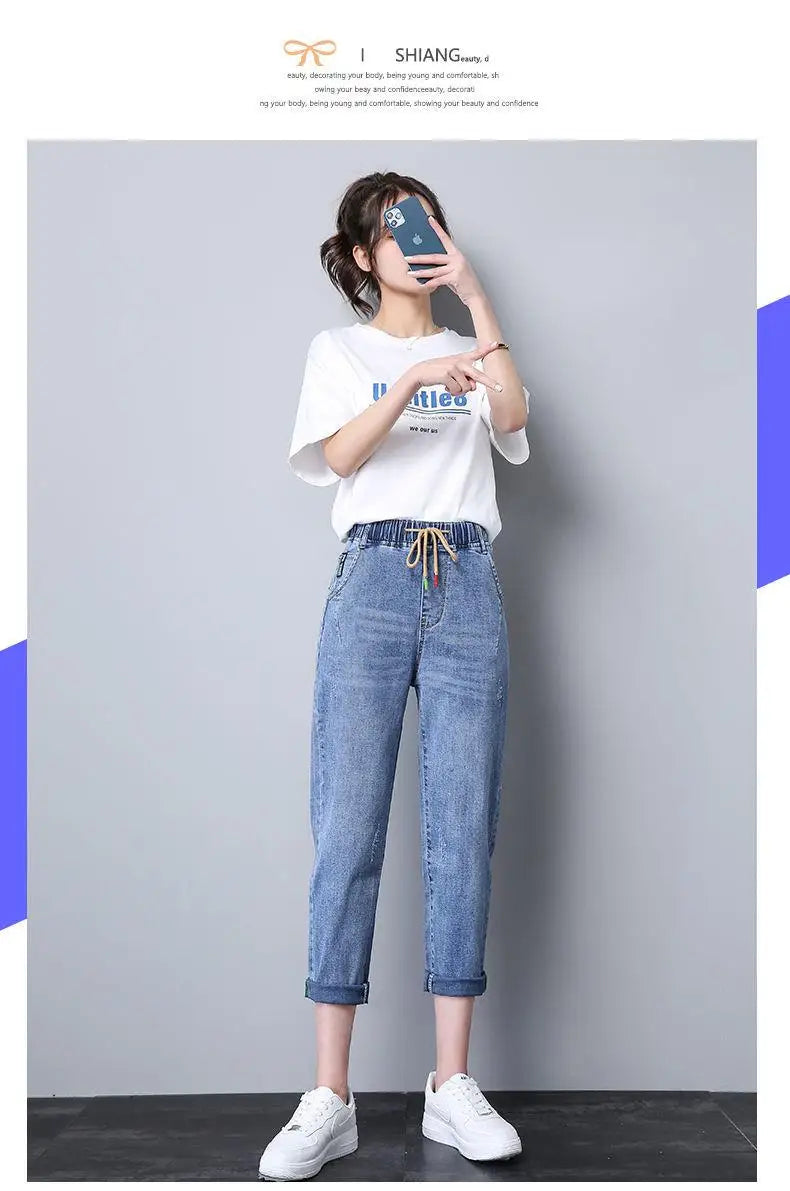 Elastic Waist Dad Harem Jeans Women's Light Blue Spring Summer New Style High Waist Wear Resistant Eighteen Inches Blue Jeans