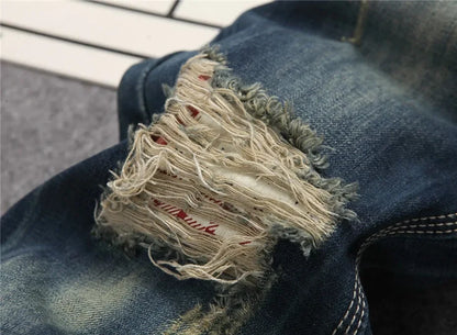 Men's Personalized Ripped Jeans Retro Distressed New Style Straight Slim Fit Casual High Street Fashion Denim Long Pants Male