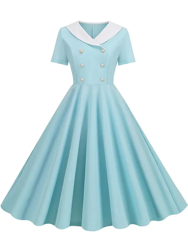 Summer Midi Dress Women Elegant Pink Vintage Party Sundress Casual Peter pan Collar Short Sleeve Dress