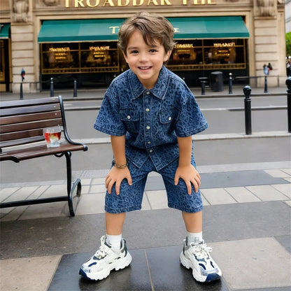 Trend Kids Boy Summer Leopard Denim Suit Two Piece Outfit Set y2k Denim Shirt And Shorts Clothing Set for Baby Child Streetwear