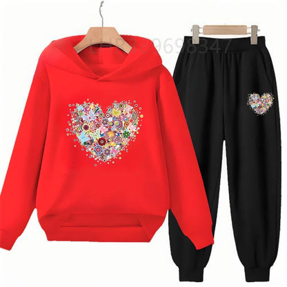 Heart-Shaped Children's Hoodies Suit Top+Bottom Girls Pink Boy Black Age 3-12 Coat Casual Toddler Long Sleeves Autumn Clothing