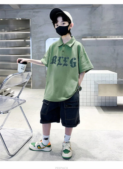 Korean Kids Boy Suit Summer Set Fashion Teenager Child Clothes Set Cotton Polo Shirt + Shorts 2pcs Outfits Tracksuit Costume
