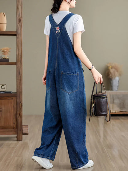 Spring 2025 New Vintage Large Size Loose Embroidered Denim Overalls High Waist Long Pants Women's Faion Casual Jeans