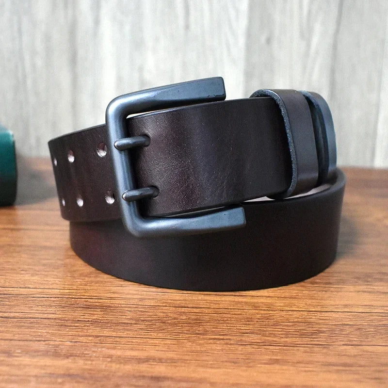 105-125cm Men's Retro Genuine Cowskin Belt Double Pin Buckle Waistband Business Luxury Belts Leather Craft Accessories