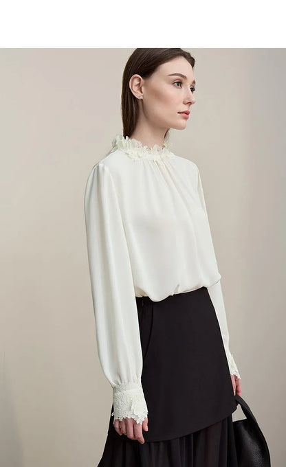 Women's Blouse 2026 Autumn New Elegant Commuter Lace Splicing Chiffon Shirt O-Neck Loose Pullover Tops For Woman 12621067