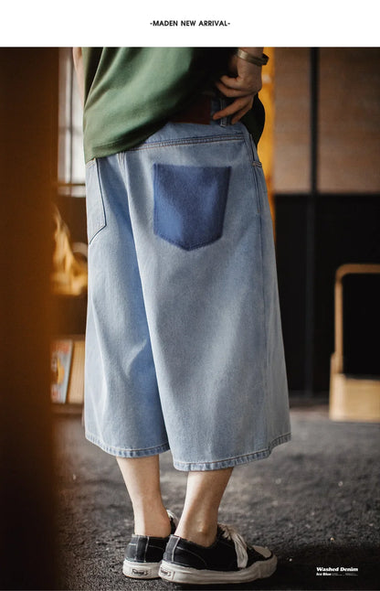 Men's American Retro Ice Blue Washed Denim Shorts Straight A Line Seven Inch Pants Vintage Workwear Loose Summer Trousers