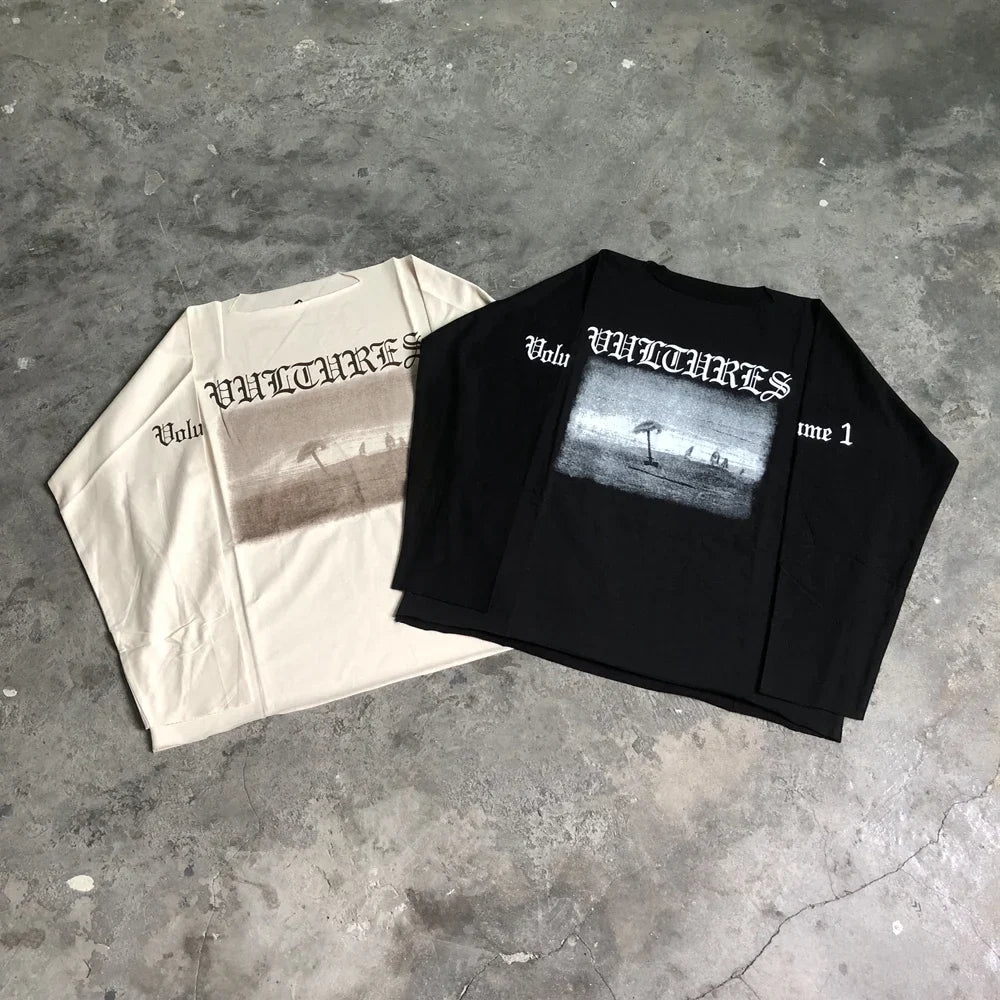 Vultures DONDA Kanye Quality Printed Long Sleeves 100%Cotton Casual Loose Oversized Tops T Shirt For Men