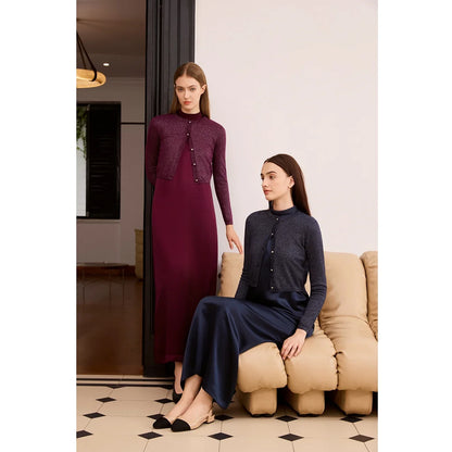 AP Women 2026 Autumn and Winter Modal Shirt and O Neck Acetate Satin Maxi Dress Lurex Cardigan High Quality Lady Clothing