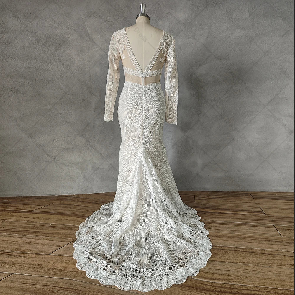 Customized Deep V Neck Lace Mermaid Wedding Dress Backless Long Sleeves Sweep Train Boho Bridal Gowns Custom Made Bohemian