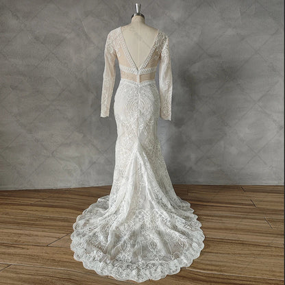 Customized Deep V Neck Lace Mermaid Wedding Dress Backless Long Sleeves Sweep Train Boho Bridal Gowns Custom Made Bohemian