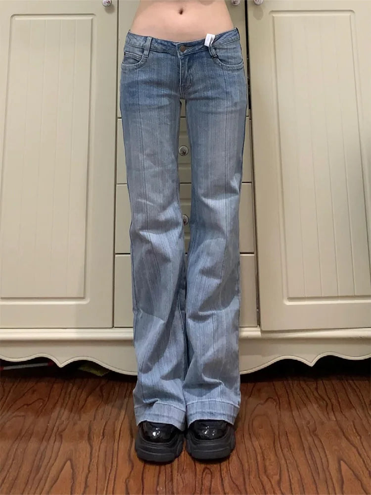 2025 Autumn Winter Women Vintage 2000s Low Rise Flare Denim Pants Y2k Japanese Streetwear Bootcut Jeans Baggy Bell Bottom New In