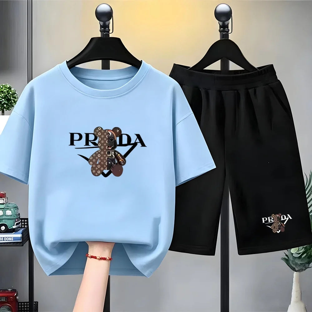 Kids Little Bear Letters T-shirt Summer Clothing Short-Sleeved Top+Shorts Boy Girl 3-12Yrs Casual Set Two-Piece Black-White