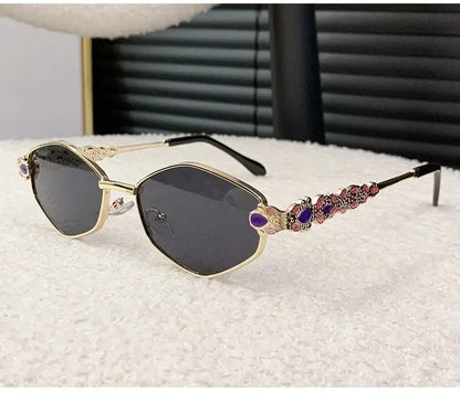Retro Geometric Polygon Metal Frame Sunglasses with Colorful Enamel Temple Arms UV400 Trendy Women's Fashion Shades Gafas De Sol