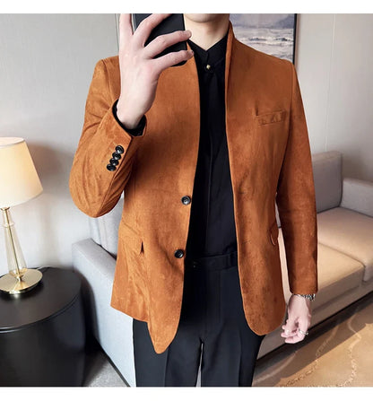New Blazer Cowhide Velvet Korean Version Business Slim Fit Suit Stand Collar Fashionable Casual Suit Jacket Men Formal Clothing