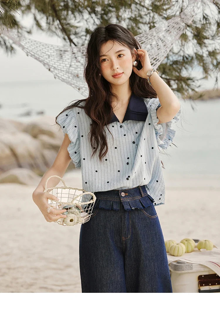 Summer Office Lady Blouses Women 2025 Short Sleeve Turn-down Collar Polka Dot Shirts Female Fashion Slim Tops MXE31C0776