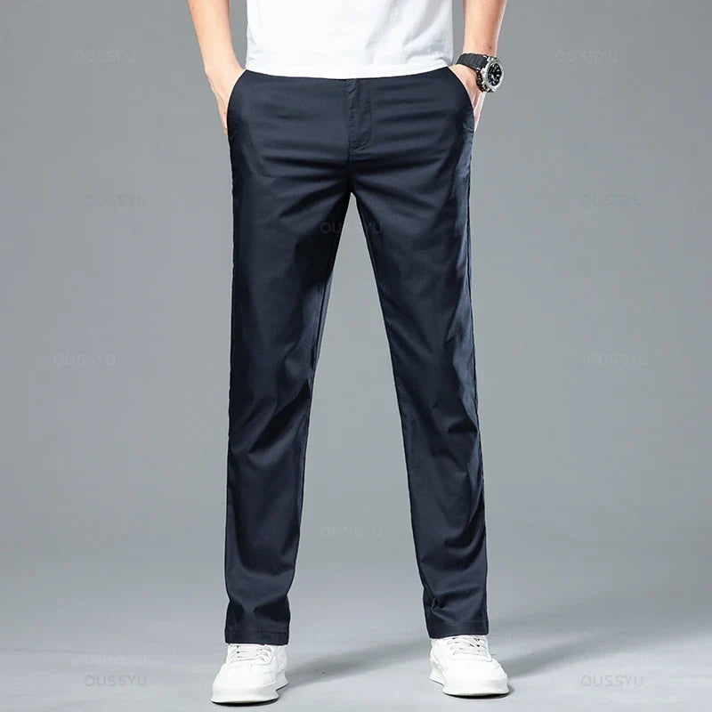 New Summer Cosy Soft Bamboo Fiber Straight Suit Pants Men Business Stretch Thin Navy Blue Casual Trousers Male Large Size 40 42