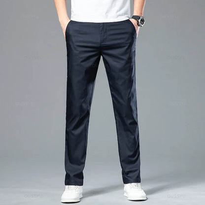 New Summer Cosy Soft Bamboo Fiber Straight Suit Pants Men Business Stretch Thin Navy Blue Casual Trousers Male Large Size 40 42