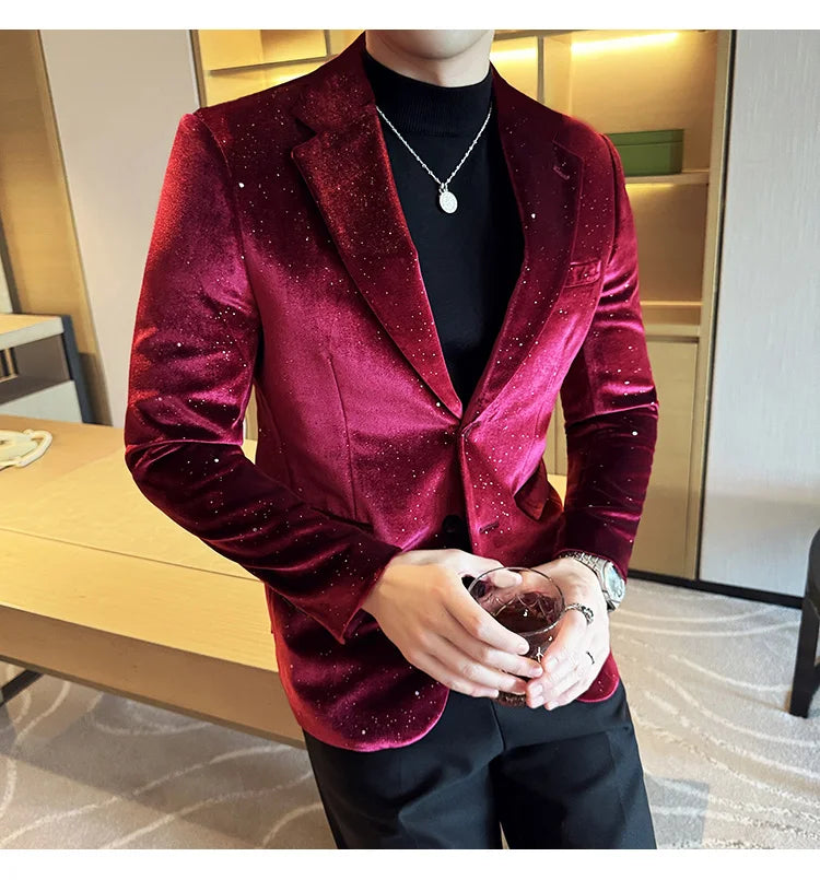 High Quality Velvet Bronzing Suit Coats Mens Sparkle Elegant Slim Business Suits Jacket Homme Formal Social Prom Party Tuxedos