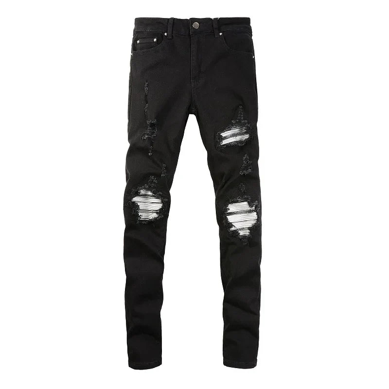 Men Cracked Silver Leather Patch Biker Jeans Streetwear Skinny Tapered Stretch Denim Pants Holes Ripped Patchwork Black Trousers