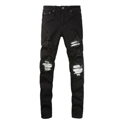 Men Cracked Silver Leather Patch Biker Jeans Streetwear Skinny Tapered Stretch Denim Pants Holes Ripped Patchwork Black Trousers