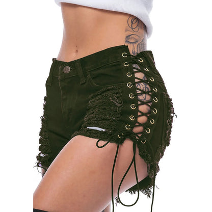 Sexy Women's Jeans Fashion Casual Side Lace-Up Denim Shorts Sexy Hot Denim Short pants Club dance Ripped short jeans