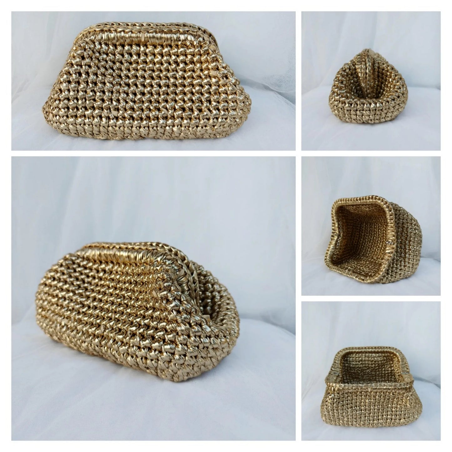 Yingzi Silver Cloth Strip Crochet Clip Bag Woven Underarm Bag Metallic Lustre Clutch Large Size Bag