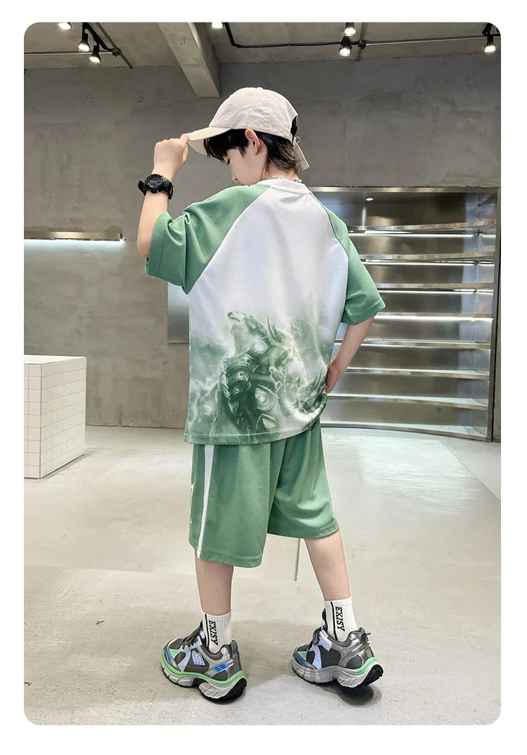 New Boys Clothing Sets Summer T-Shirt Short Sleeve+Shorts Kids Boy Sportsuit Children's Outfits Suit Teenager 5 6 8 10 12 14Yrs