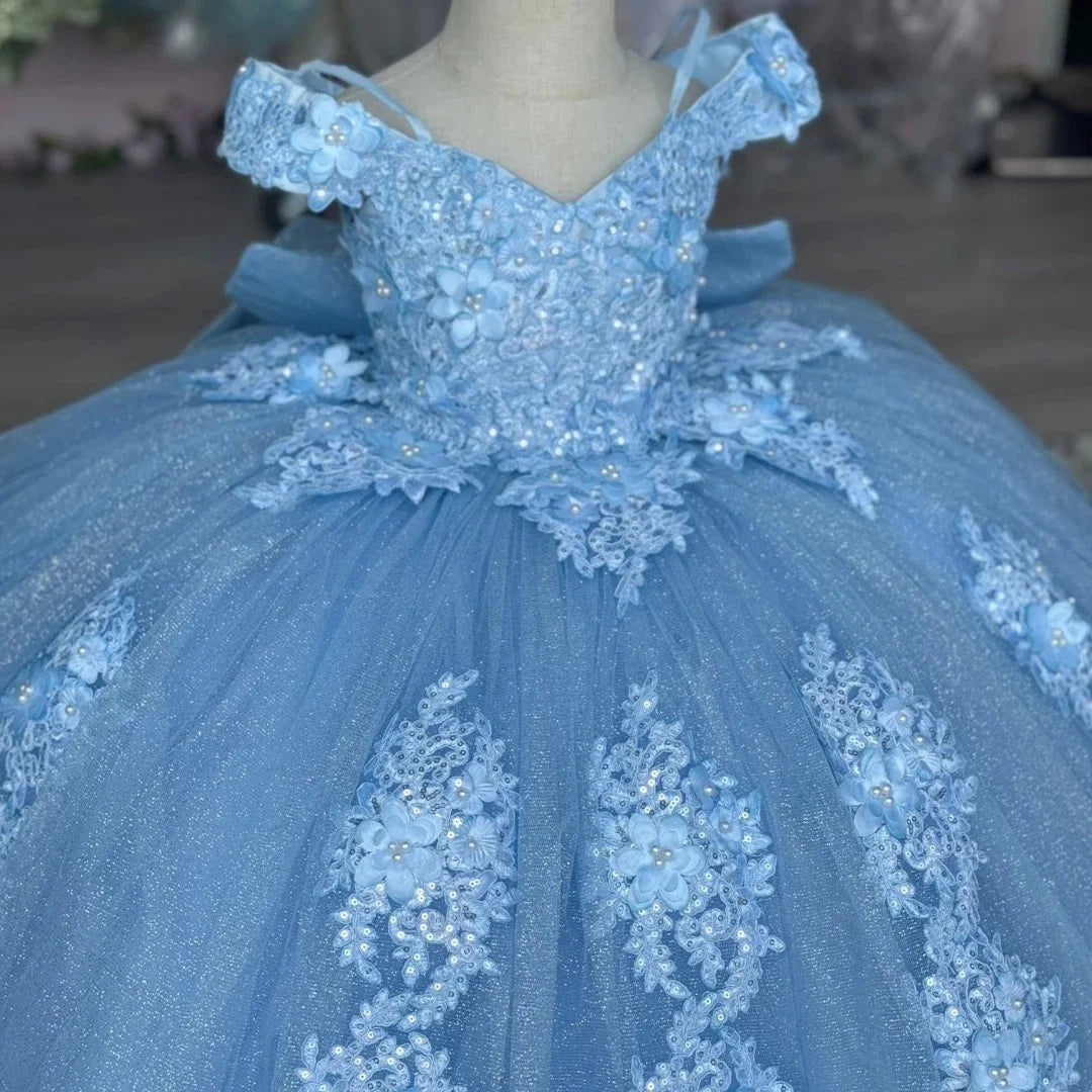 Customized Blue Flower Girl Dress For Wedding Floor Length Appliques Sequins With Bow Luxury First Communion Banquet Ball Gown