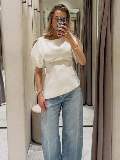 Spring Summer Women Casual Asymmetrical T-Shirts Fashion Solid Female O-Neck Short Puff Sleeve Blouse Lady Office Chic Tops