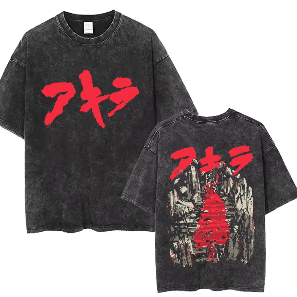 Washed Vintage Anime Akira T Shirts Japanese Science Fiction Cartoon Movie Shotaro Kaneda T-shirt Men's Manga Oversized T-shirts