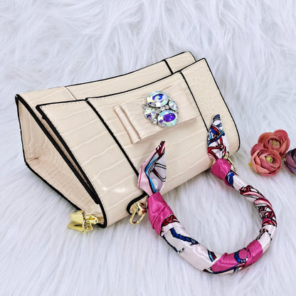 Crocodile Textured Ribbon And Colorful Crystal Embellished Clutch With Long Shoulder Strap Women's Shoes And Bag Set