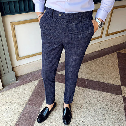 Boutique Classic Plaid and Striped Fashion Men's Casual Business Slim Suit Pants Groom Wedding Dress Trousers Party