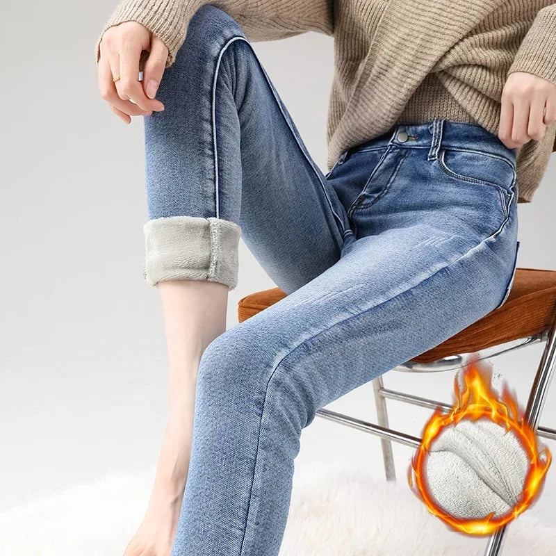 Women's Fleece Warm Winter Jeans Thicken Elastic Skinny Pencil Pants Fashion Korean Slim Plush Thermal Leggings Trousers