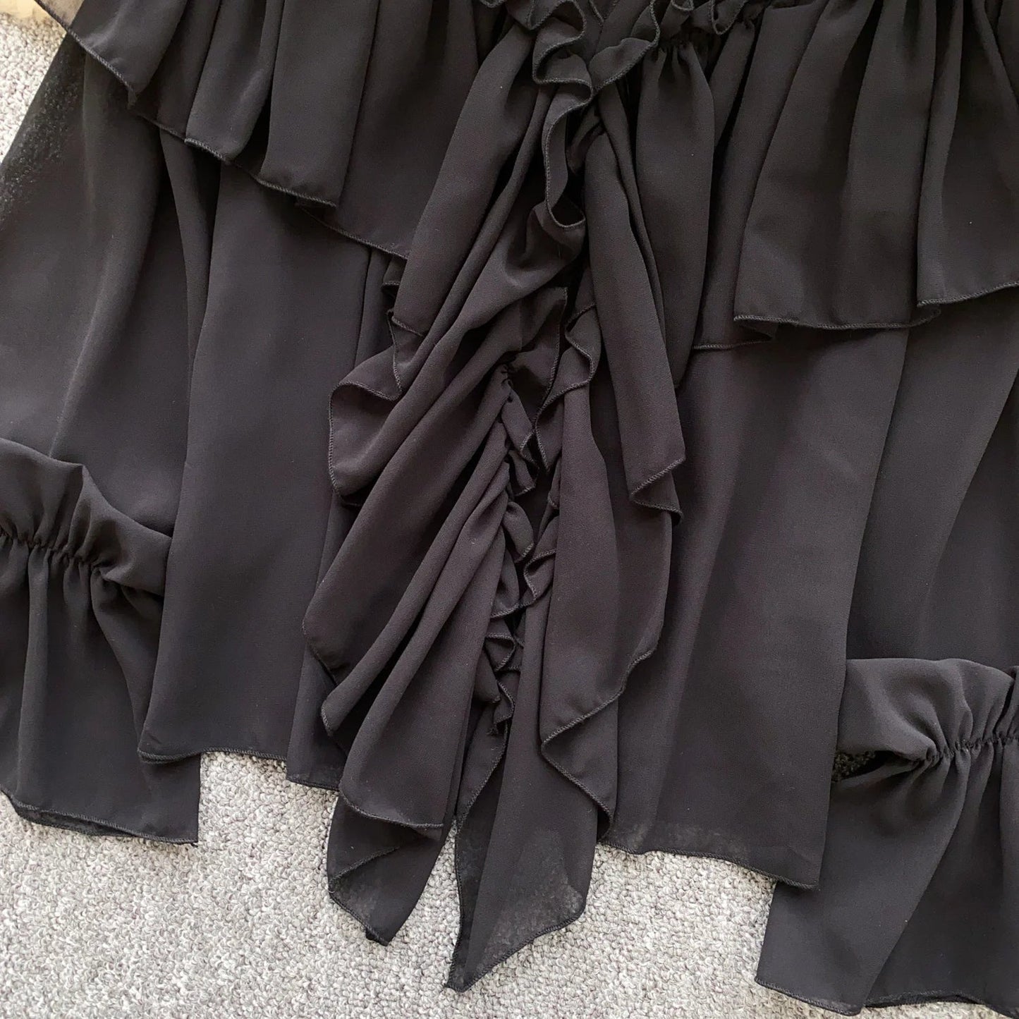 Chic Ruffles Splice Chiffon Blouse V Neck Flared Sleeve Loose Tops 2025 Fashion Solid Fairycore Vacation Women Shirt