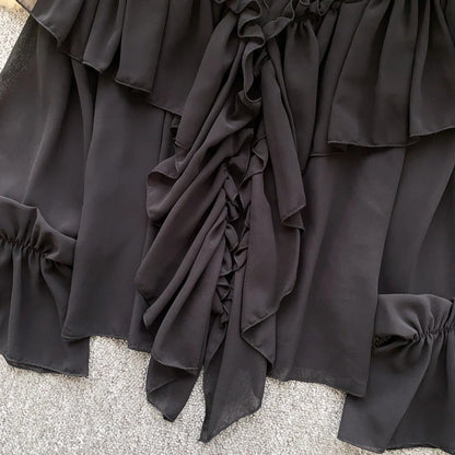Chic Ruffles Splice Chiffon Blouse V Neck Flared Sleeve Loose Tops 2025 Fashion Solid Fairycore Vacation Women Shirt