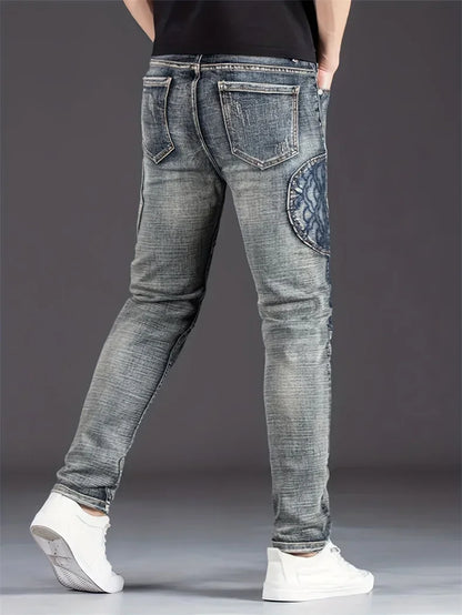 Streetwear Men's Motorcycle Jeans Stretch Nostalgic Fashion Casual Denim Trousers Slim Straight Patchwork Washed Cowboy Pants