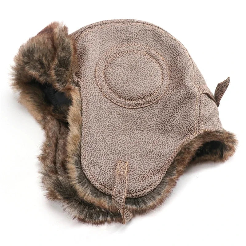 Men Winter Bomber Hat With Goggles Outdoor Motorcycle Windproof Warm Faux Fur Pilot Earflap Hat Leather Thermal Ushanka