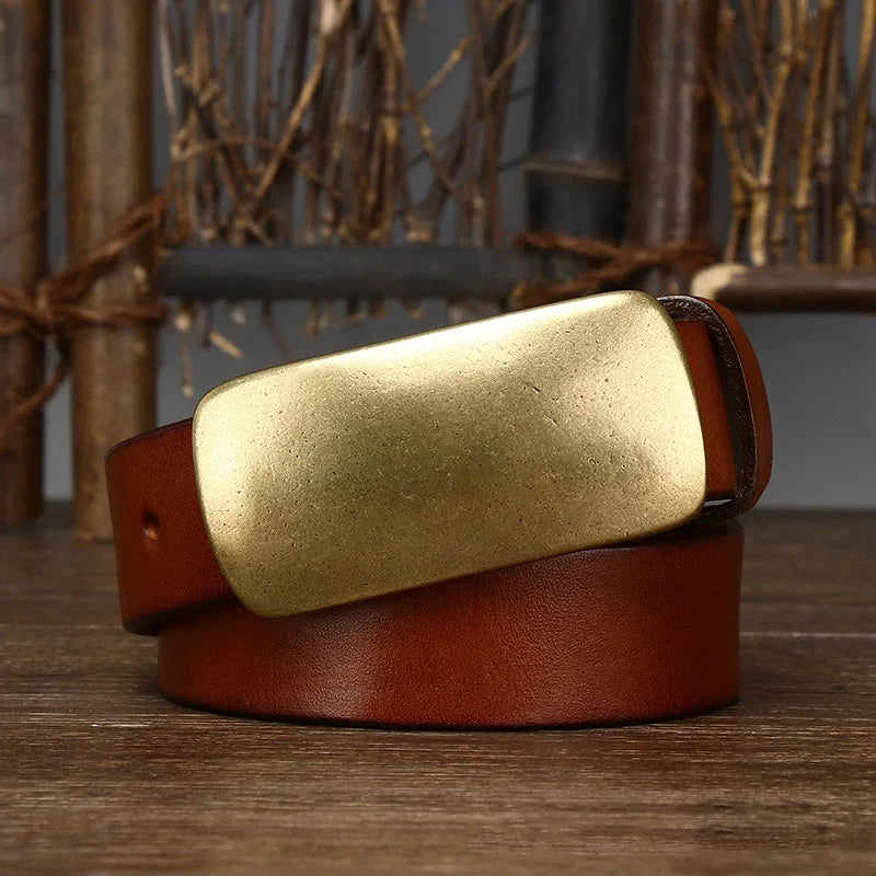 3.3cm Pure Cowskin Men Belt High Quality Genuine Leather Smooth Brass Buckle Strap Male Jeans Luxury Designer Belts for Man