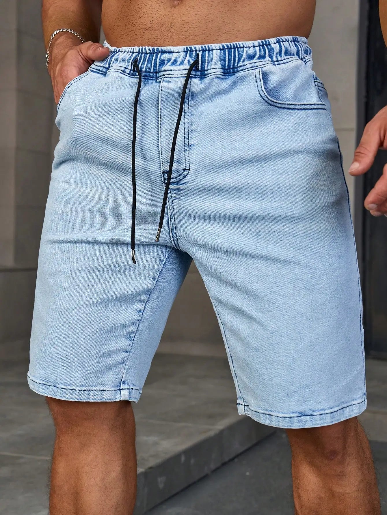 Men's Summer Denim Shorts. Light Blue Elastic-Waist Denim Shorts. Drawstring Design. Daily Casual Trend.