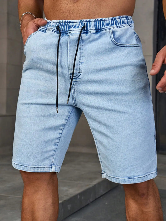 Men's Summer Denim Shorts. Light Blue Elastic-Waist Denim Shorts. Drawstring Design. Daily Casual Trend.