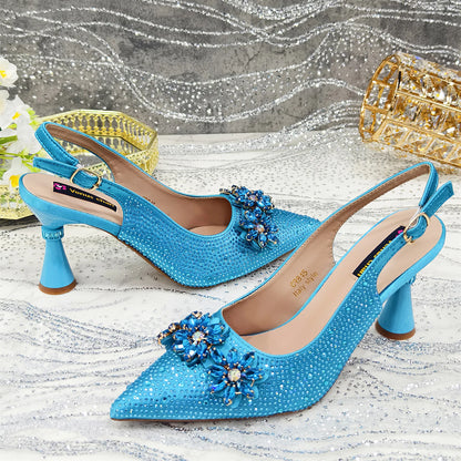 Olive-Green Pointed-Toe Women's High Heels Shoes and Bags for Party Rhinestone Evening Elegant Luxury Handbag