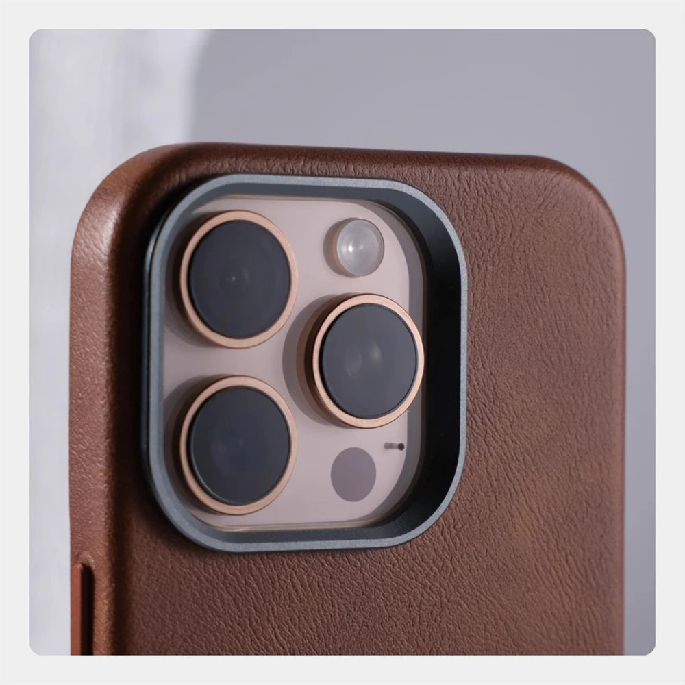 Luxury Business Retro Leather Magnetic Case For iPhone 17 Pro Max 16 Plus 15 14 13 MagSafe Alloy Lens Wireless Charging Cover