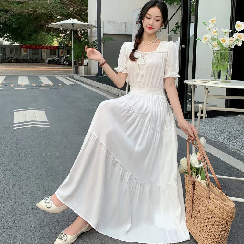 Summer New Cotton Silk Floral Print Maxi Dr ort Sve Beachwear High Waist Young Women's Large Skirt Swing Dr