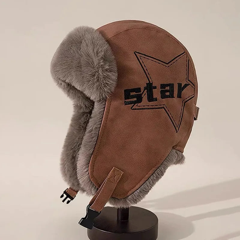 Bomber Hat Thick Warm Russian Hat Fur Lined Autumn Winter Hats for Men Women Windproof PU Leather Ski Trapper Earflap Cap
