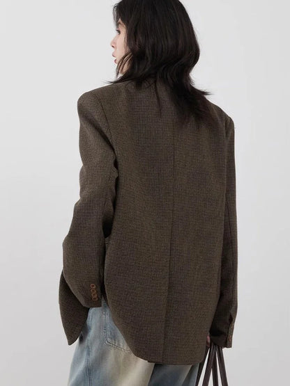 Women's Woolen Blazer Loose Retro Single Breasted Female Jacket Mid Length Plaid Coat for Woman Autumn Winter 2024